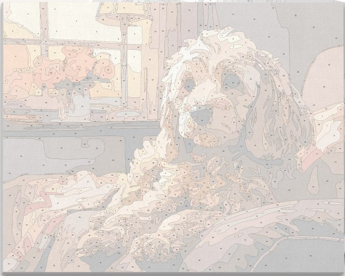A digital illustration portrays a golden dog seated on a couch indoors, looking directly at the viewer, with a warm sunset glowing through the window behind the pet.