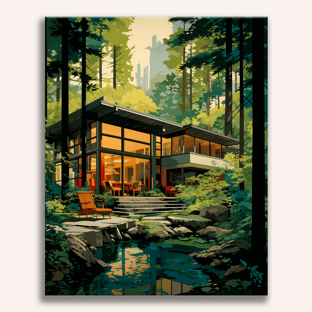 A cozy wooden cabin glowing with warm light in a dense dark forest - Finished Deep Forest Coziness Paint by Numbers - ColorEasePaint