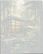 A poster of a tranquil forest scene featuring a modern house with large windows and a deck overlooking a peaceful stream and a lush forest.