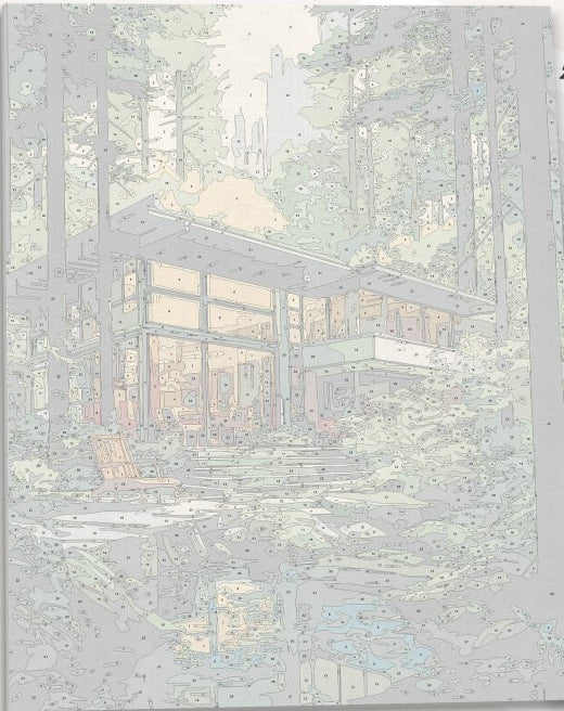 A poster of a tranquil forest scene featuring a modern house with large windows and a deck overlooking a peaceful stream and a lush forest.