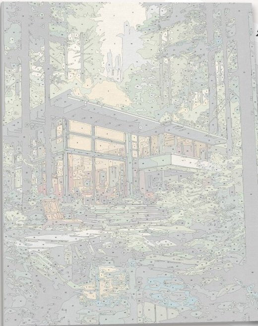 Detailed numbered canvas outline for Deep Forest Coziness cabin landscape DIY painting - ColorEasePaint