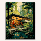 A poster of a tranquil forest scene featuring a modern house with large windows and a deck overlooking a peaceful stream and a lush forest.