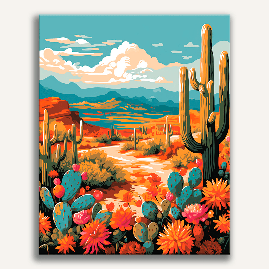 Modern desert landscape with colorful cacti and succulents - Finished Desert Flora Hues Paint by Numbers - ColorEasePaint