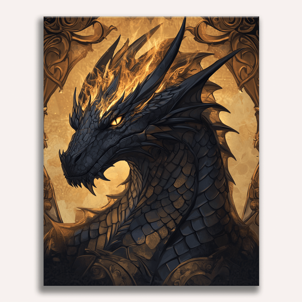 Detailed close-up portrait of a majestic red and black dragon - Finished Dragon Portrait Paint by Numbers - ColorEasePaint