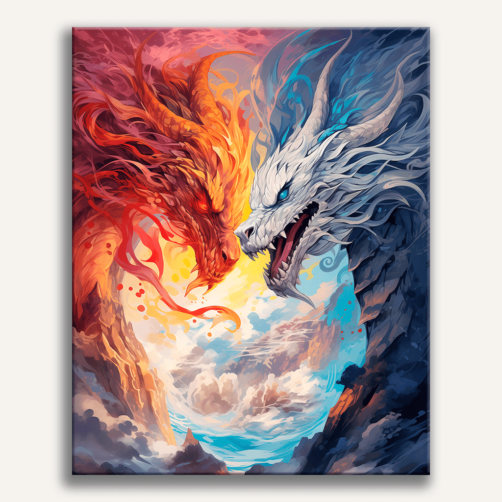Symmetrical fantasy wolf portrait split between fire and ice elements - Finished Duality of Fire and Ice Paint by Numbers - ColorEasePaint