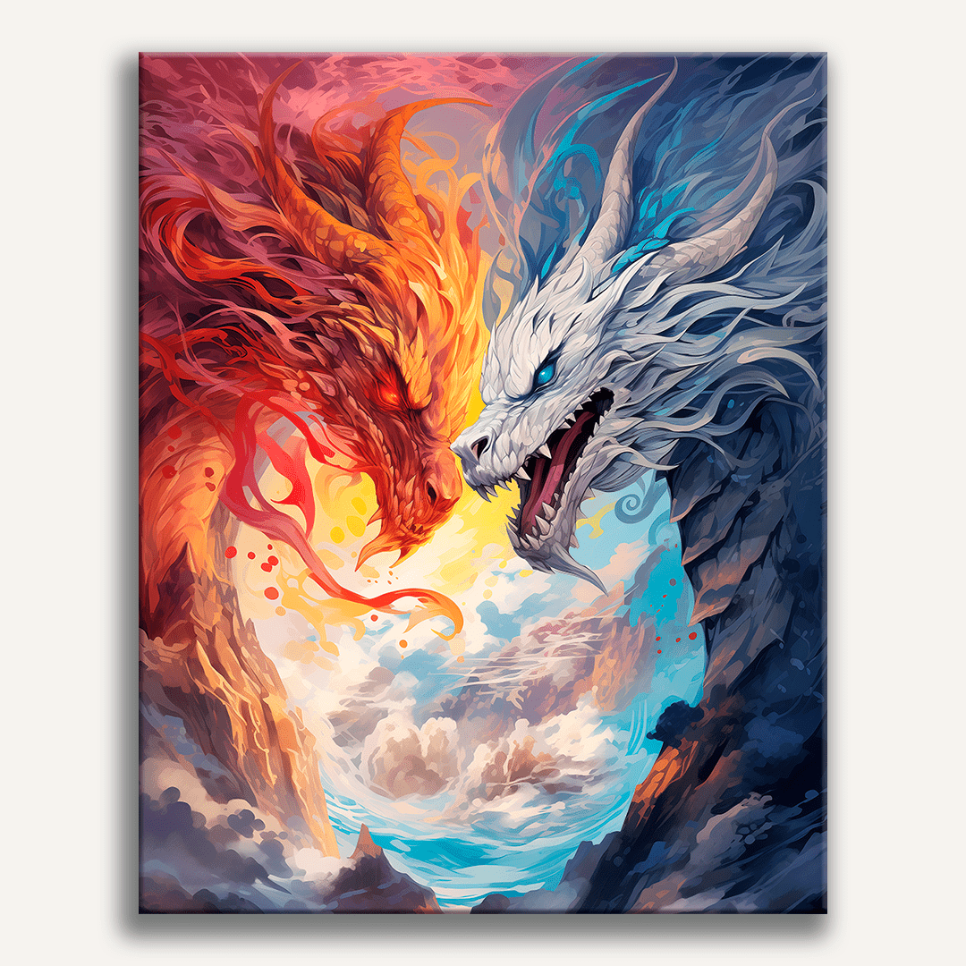Symmetrical fantasy wolf portrait split between fire and ice elements - Finished Duality of Fire and Ice Paint by Numbers - ColorEasePaint