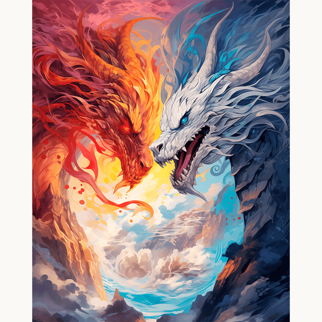 In the center of a vast sky backdrop, two dragons engage in a fierce battle.