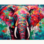 This image features a large, colorful elephant painted on a canvas with vibrant, patchwork patterns that resemble an abstract cityscape, predominantly in shades of pink and purple.