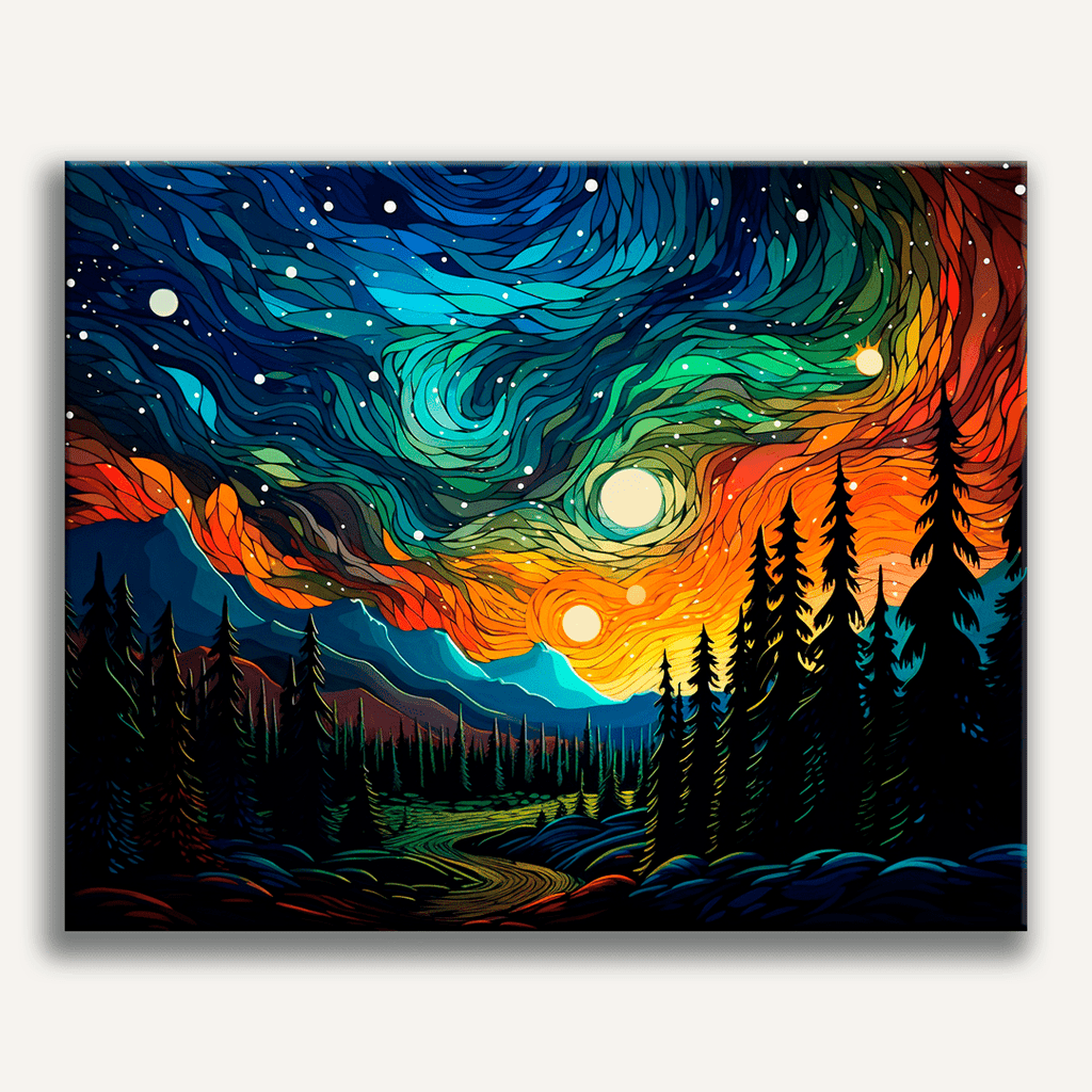 In this vivid illustration, a surreal landscape unfolds under a twilight sky filled with swirling colors.