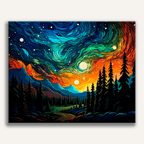 In this vivid illustration, a surreal landscape unfolds under a twilight sky filled with swirling colors.