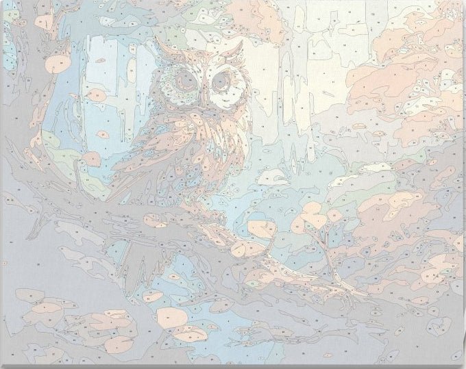 Detailed numbered canvas outline for Enchanted Owl Lookout woodland DIY painting project - ColorEasePaint