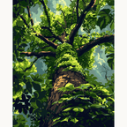 The image showcases a towering tree, its trunk and branches intertwined in a tapestry of green.