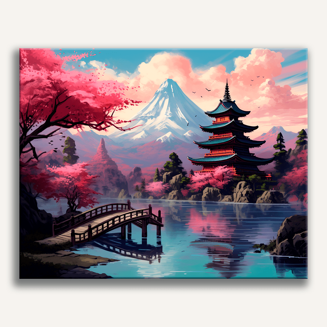 Majestic snow-capped Mount Fuji with cherry blossoms - Finished Eternal Fuji Paint by Numbers - ColorEasePaint