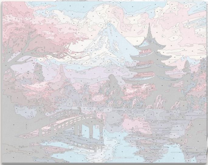 The image depicts a tranquil scene of an East Asian style village nestled at the foot of a majestic mountain with a temple on top.