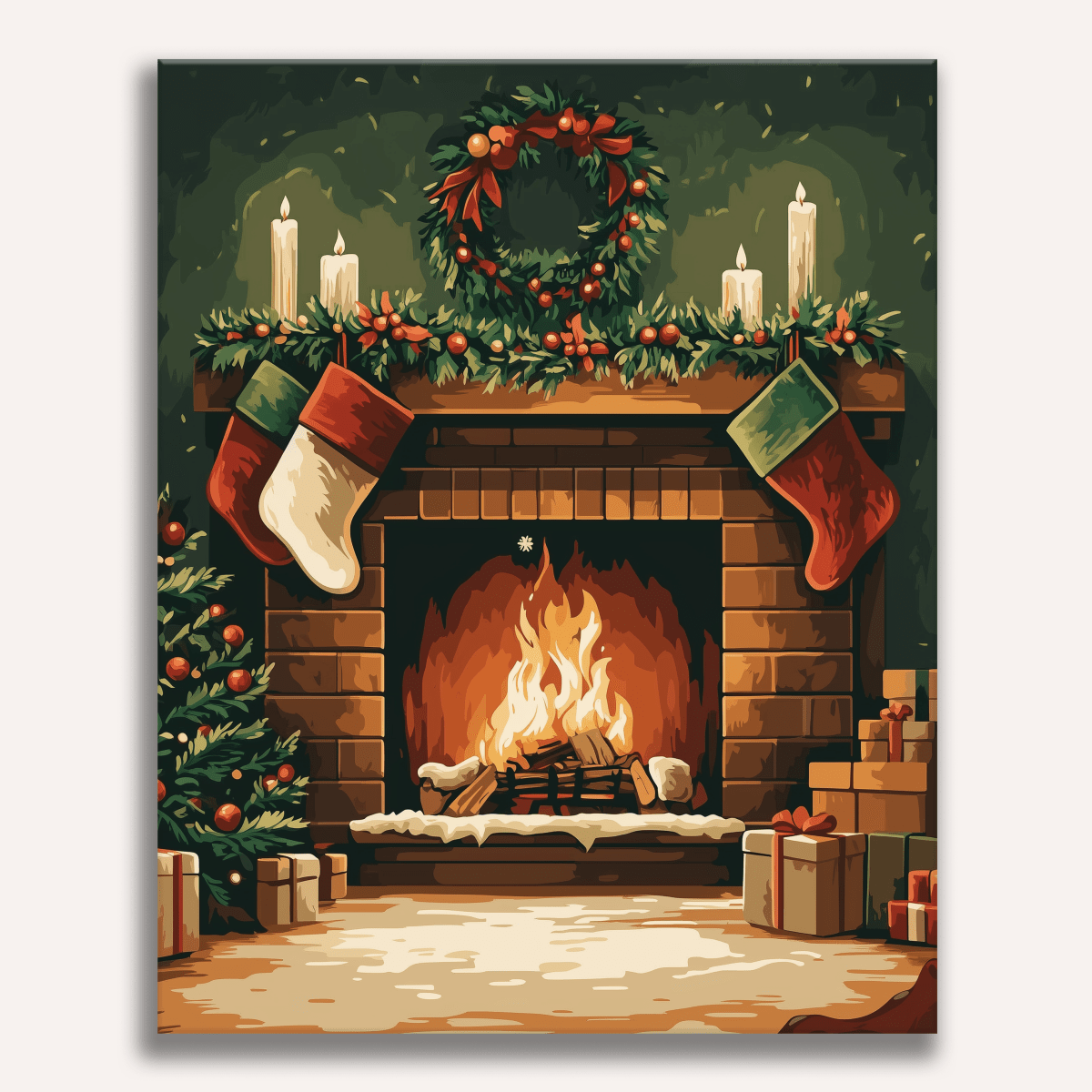 Cozy fireplace with Christmas stockings and glowing fire - DIY Paint by Numbers Kit - ColorEasePaint