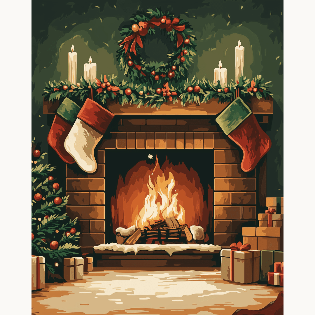 Cozy fireplace with Christmas stockings and glowing fire - DIY Paint by Numbers Kit - ColorEasePaint