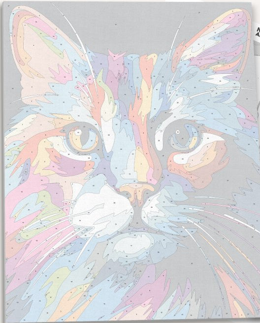 A feline subject is centrally depicted against a colorful abstract background that transitions from warm hues at the top to cooler tones at the bottom..