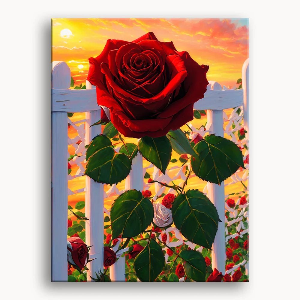 Blooming pink roses climbing a white wooden garden fence - Finished Fence Rose Paint by Numbers - ColorEasePaint