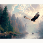 A majestic eagle in flight over a serene forest and river, with several birds scattered in the sky below.