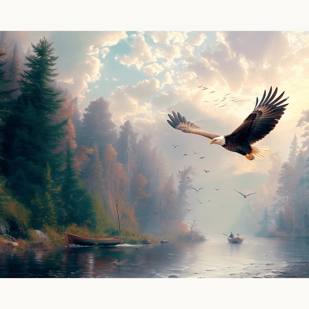 A majestic eagle in flight over a serene forest and river, with several birds scattered in the sky below.