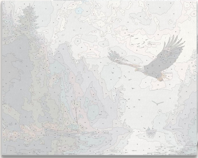 A majestic eagle in flight over a serene forest and river, with several birds scattered in the sky below.