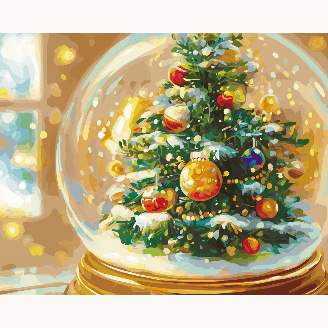Festive snow globe with Christmas tree and winter cabin scene - DIY Paint by Numbers Kit - ColorEasePaint