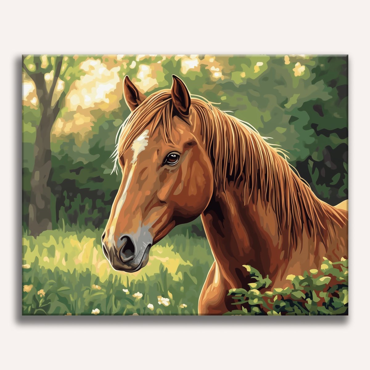 The image depicts a majestic horse standing amidst a lush, verdant field.