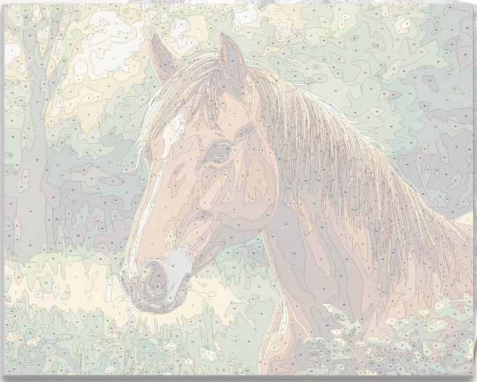 The image depicts a majestic horse standing amidst a lush, verdant field.
