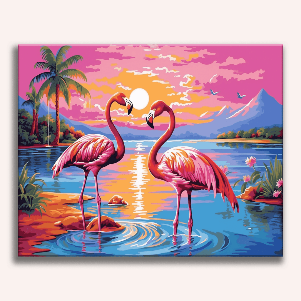 Pink flamingos wading in water under a vibrant orange and purple sunset - Finished Flamingo Sunset Paint by Numbers - ColorEasePaint