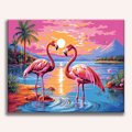 Pink flamingos wading in water under a vibrant orange and purple sunset - Finished Flamingo Sunset Paint by Numbers - ColorEasePaint