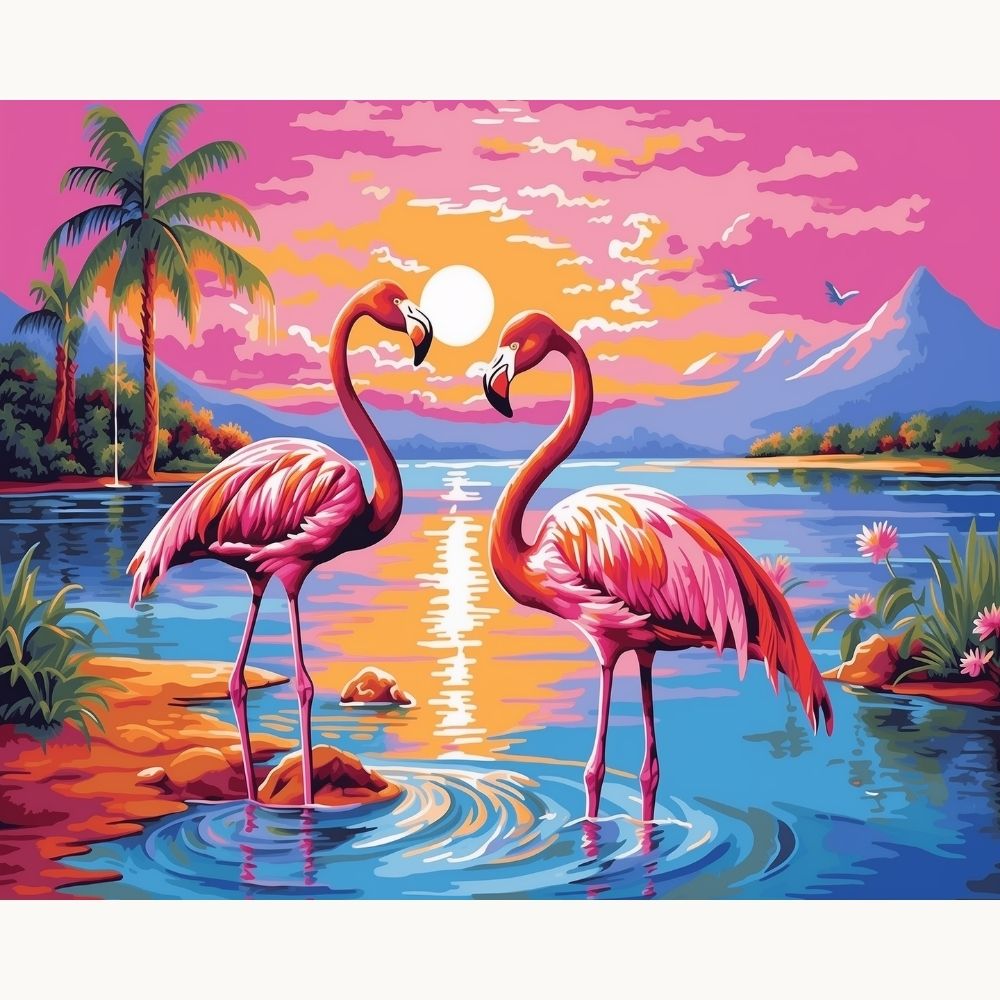 A pair of pink flamingos stand close together on the edge of a body of water at sunset or sunrise, with colorful sky and warm hues reflecting off the calm surface of the water.