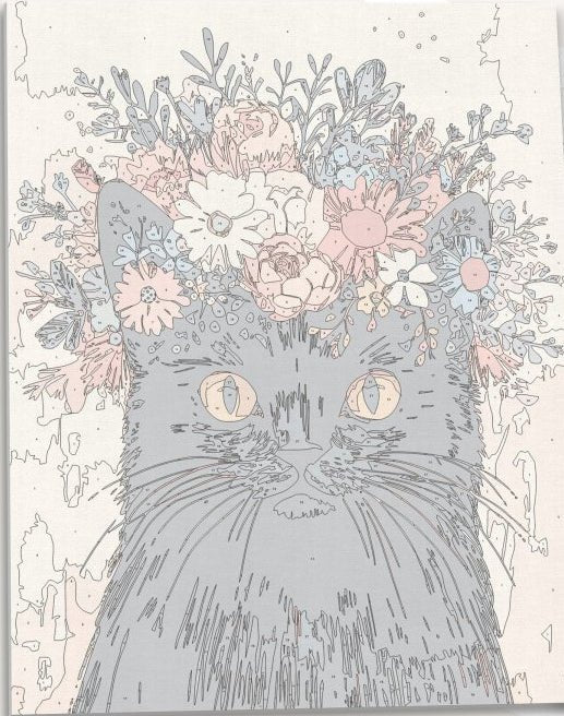 Intricate numbered canvas outline for Flower Crowned Cat whimsical floral DIY painting - ColorEasePaint