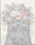 Intricate numbered canvas outline for Flower Crowned Cat whimsical floral DIY painting - ColorEasePaint