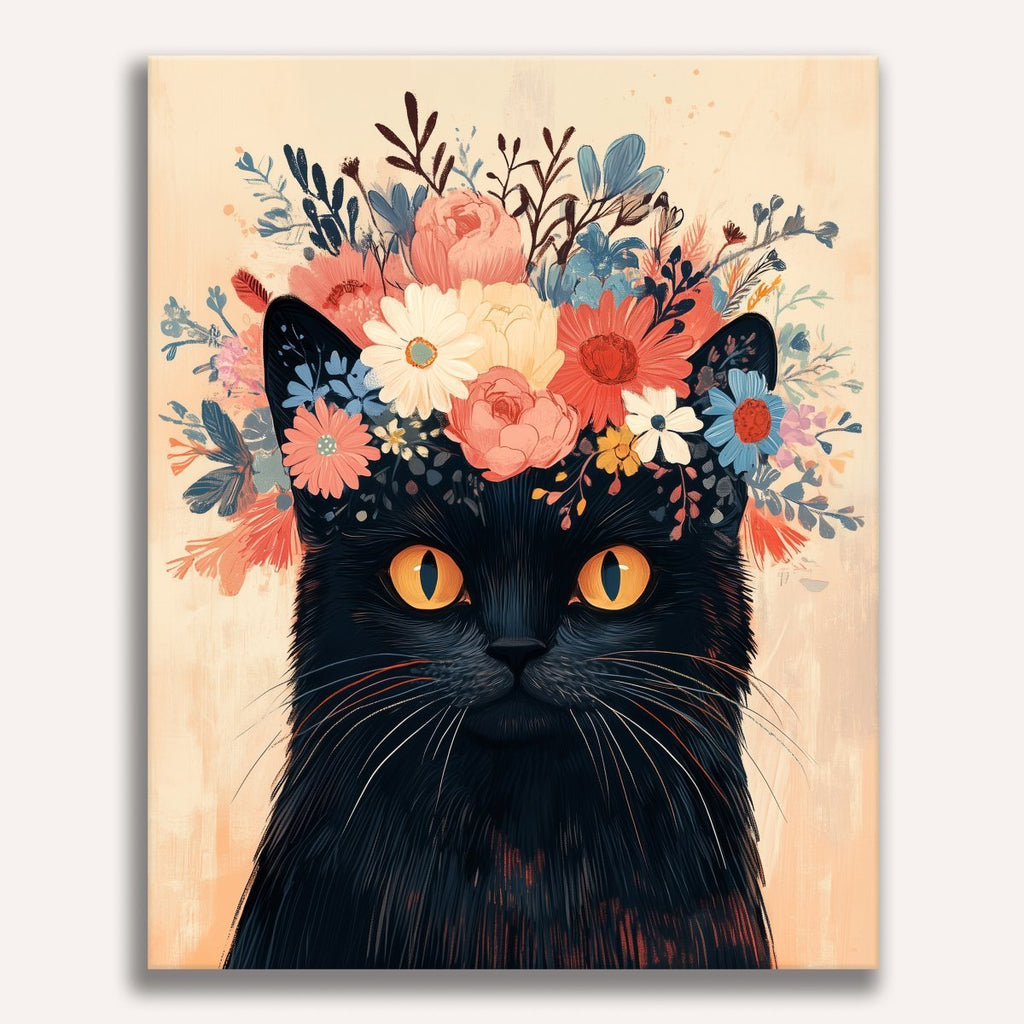 Serene cat wearing a colorful crown of flowers - Finished Flower Crowned Cat Paint by Numbers - ColorEasePaint