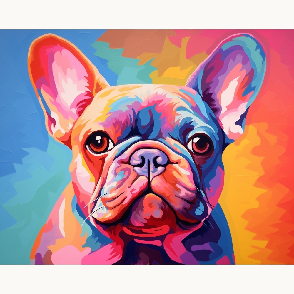 A vibrant and colorful painting showcases a large French Bulldog gazing towards its left, its head framed by a colorful border that resembles a sunset or rainbow hues..