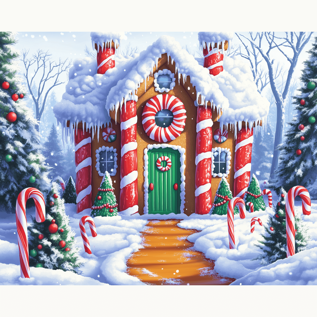 Complete DIY paint by numbers kit with vibrant candy-colored acrylic paints for Gingerbread Cottage - ColorEasePaint