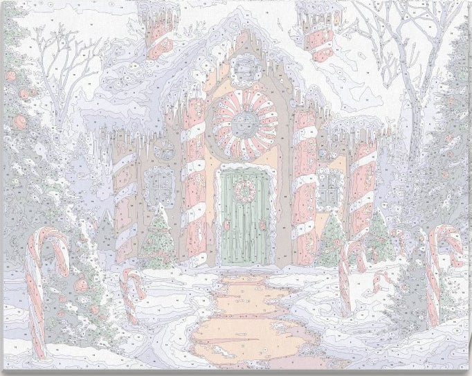 Detailed numbered canvas outline for Gingerbread Cottage whimsical holiday DIY painting - ColorEasePaint