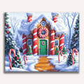 Whimsical gingerbread house decorated with candy in a snowy landscape - Finished Gingerbread Cottage Paint by Numbers - ColorEasePaint