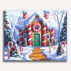 Whimsical gingerbread house decorated with candy in a snowy landscape - Finished Gingerbread Cottage Paint by Numbers - ColorEasePaint