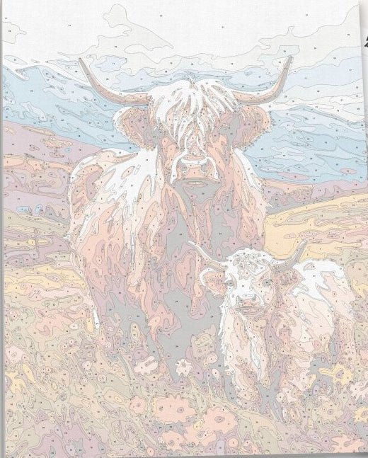 Detailed numbered canvas outline for Highland Companions double cow portrait DIY painting - ColorEasePaint