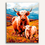 Two shaggy Highland cows standing together in a field - Finished Highland Companions Paint by Numbers - ColorEasePaint