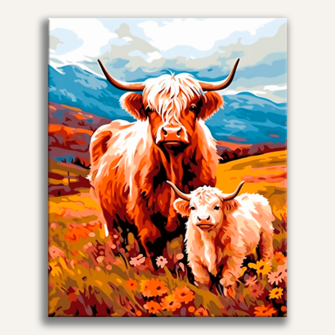 Two shaggy Highland cows standing together in a field - Finished Highland Companions Paint by Numbers - ColorEasePaint