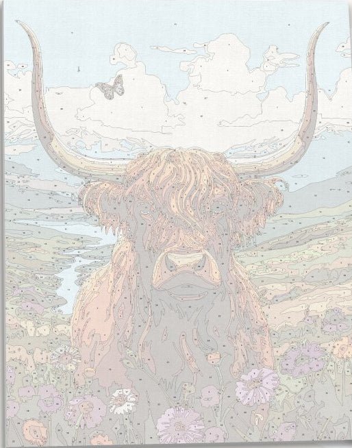 Detailed numbered canvas outline for Highland Cow farmhouse-style DIY painting project - ColorEasePaint