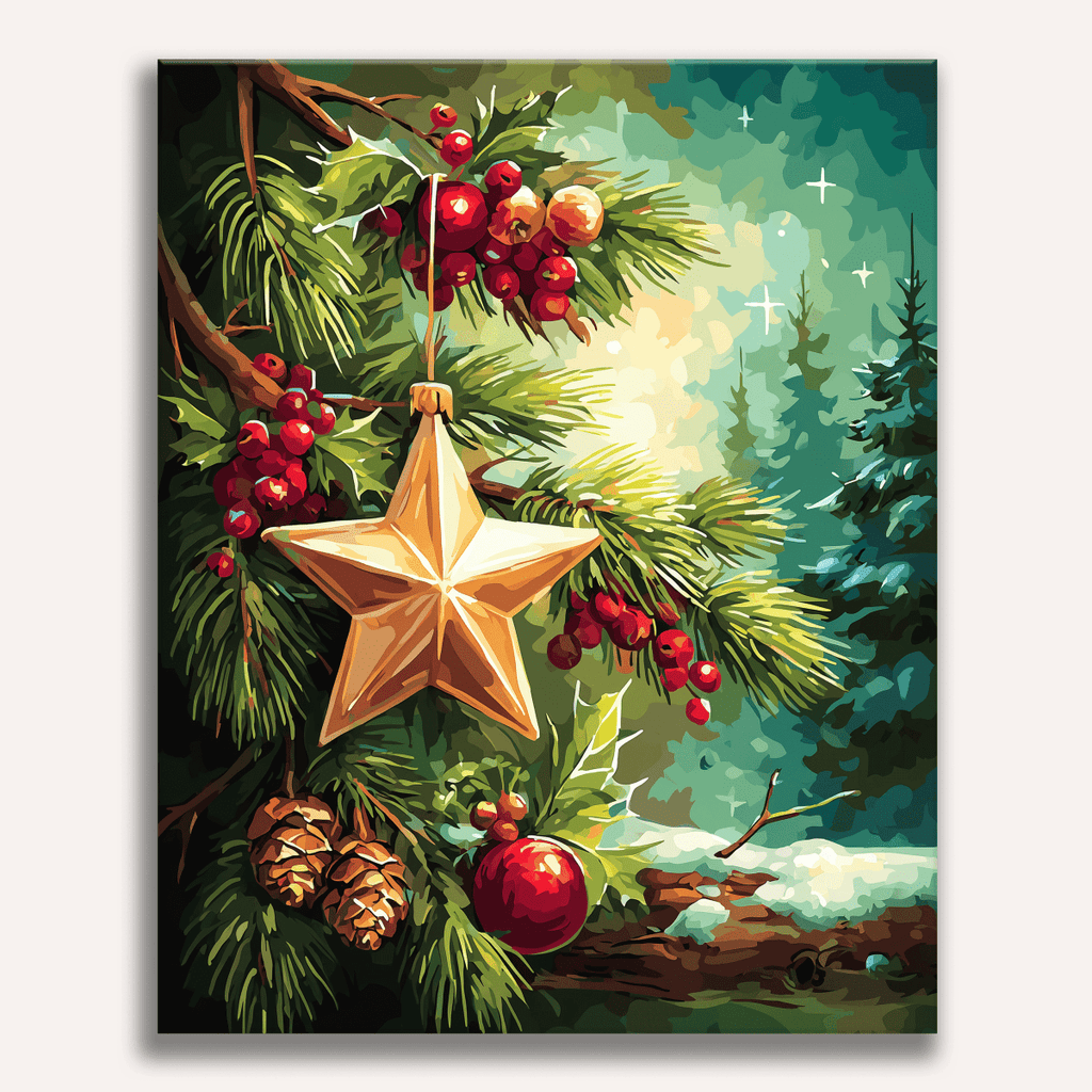 Warm glowing winter cottage in snowy forest at sunset - Finished Holiday Glow Paint by Numbers - ColorEasePaint