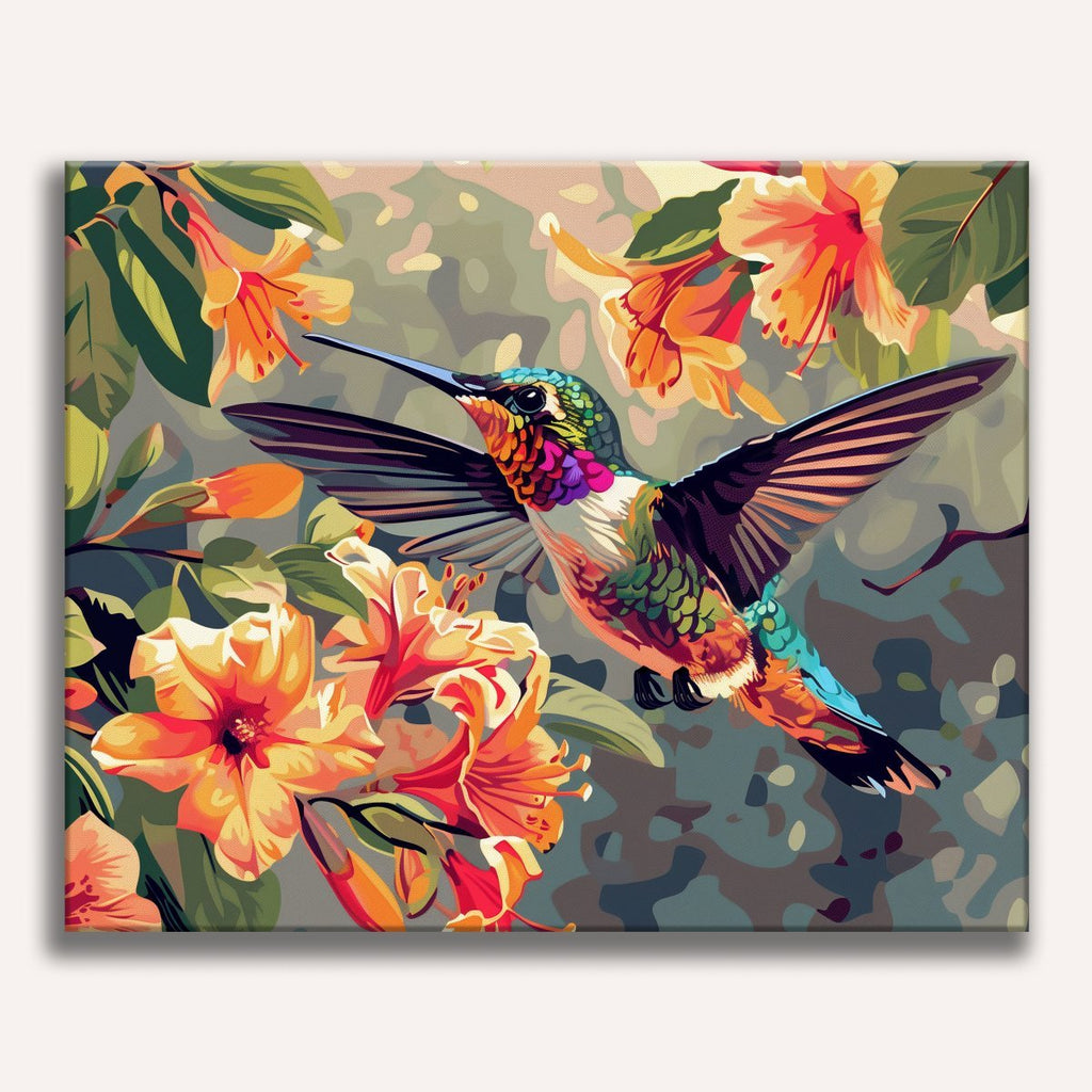 Vibrant hummingbird hovering near a pink flower - Finished Hummingbird’s Dance Paint by Numbers - ColorEasePaint