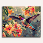 Vibrant hummingbird hovering near a pink flower - Finished Hummingbird’s Dance Paint by Numbers - ColorEasePaint