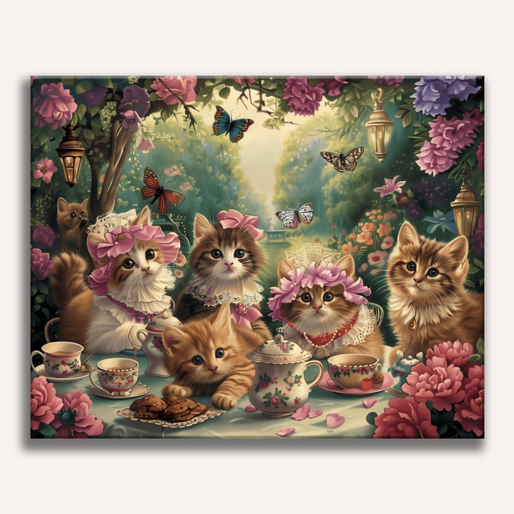 Tiny kittens playing inside floral vintage teacups - Finished Kittea Party Paint by Numbers - ColorEasePaint