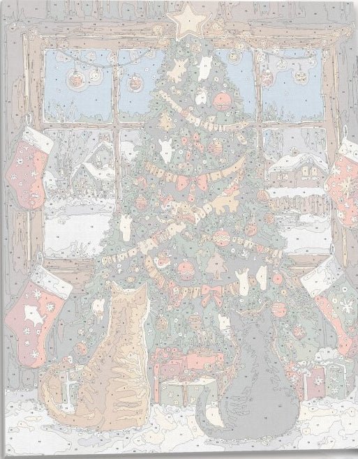 Clear numbered canvas outline for Kitty Christmas pet-themed DIY painting project - ColorEasePaint