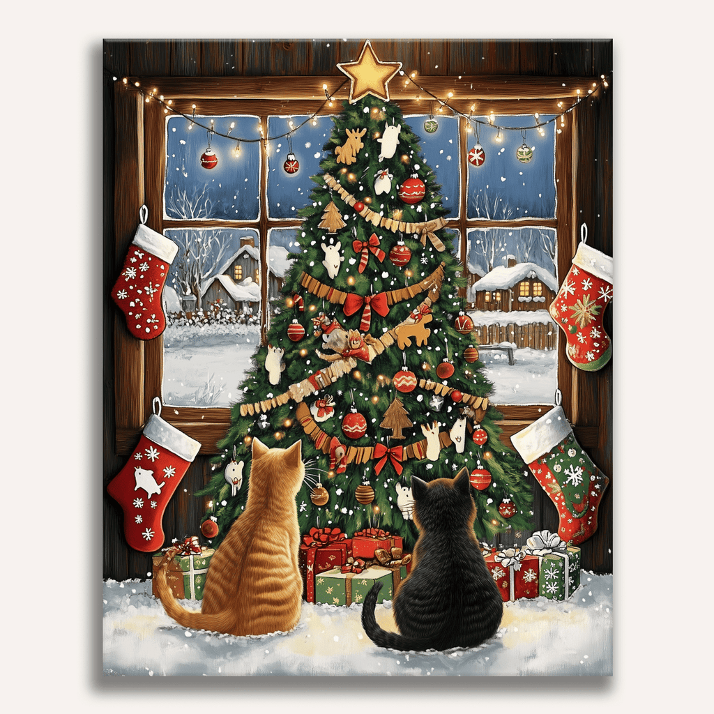 Cute cat playing with Christmas tree ornaments in a cozy room - Finished Kitty Christmas Paint by Numbers - ColorEasePaint