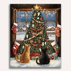 Cute cat playing with Christmas tree ornaments in a cozy room - Finished Kitty Christmas Paint by Numbers - ColorEasePaint